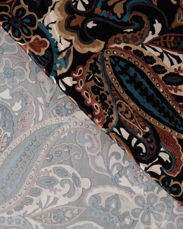 Tissu Viscose Satiné Motif Cachemire Camel Pétrole - Mercerine