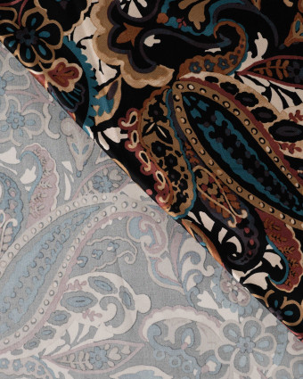 Tissu Viscose Satiné Motif Cachemire Camel Pétrole - Mercerine