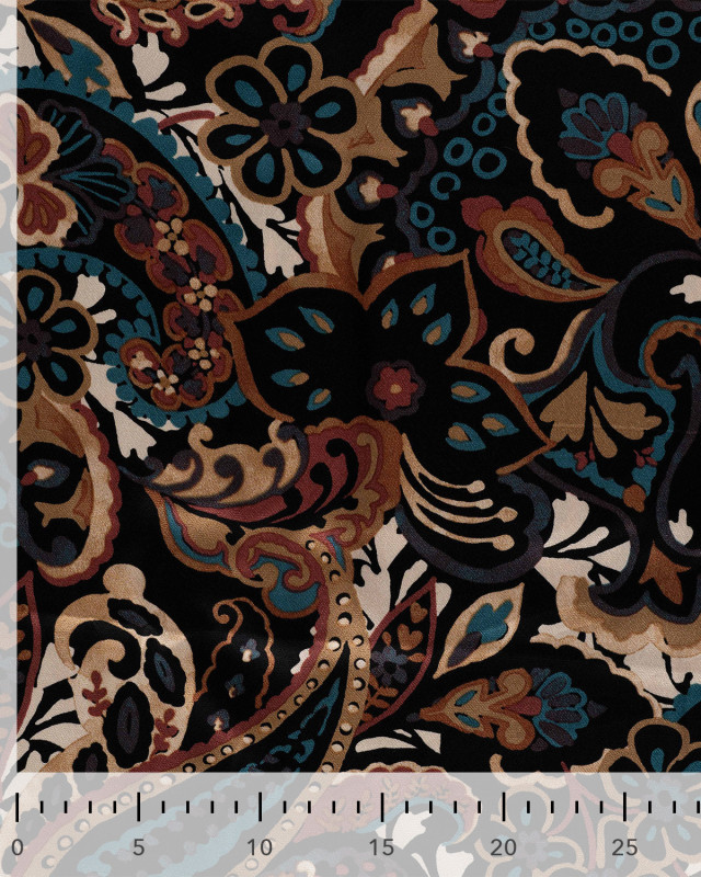 Tissu Viscose Satiné Motif Cachemire Camel Pétrole - Mercerine