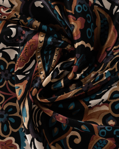 Tissu Viscose Satiné Motif Cachemire Camel Pétrole - Mercerine