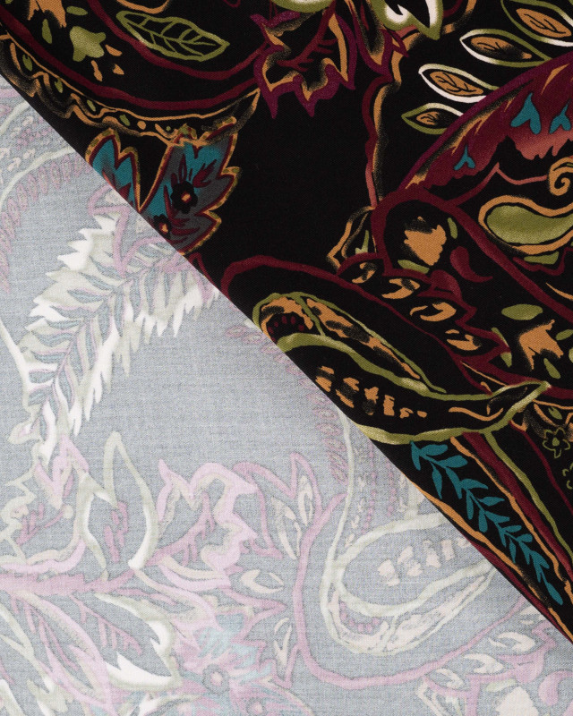 Tissu Viscose Twill Feuillage Vert Fond Prune - Mercerine