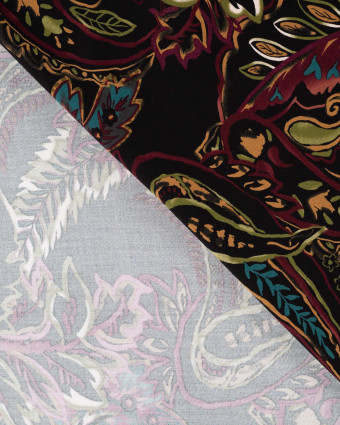 Tissu Viscose Twill Feuillage Vert Fond Prune - Mercerine
