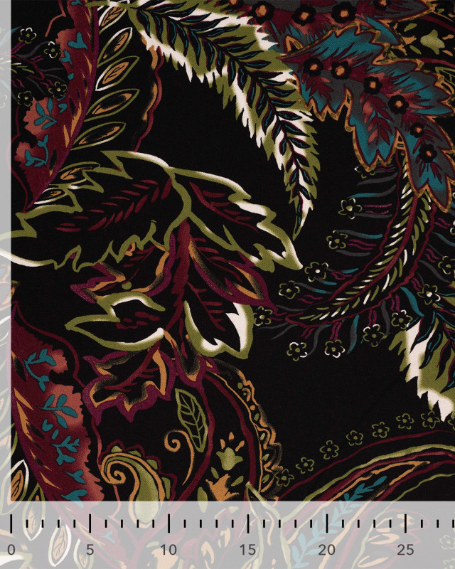 Tissu Viscose Twill Feuillage Vert Fond Prune - Mercerine