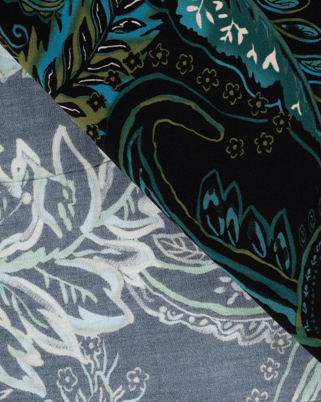 Tissu Viscose Twill Feuillage Turquoise Fond Vert - Mercerine