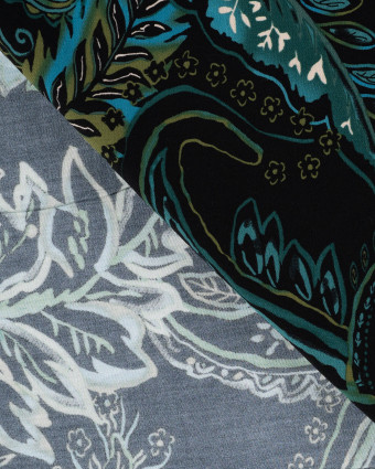 Tissu Viscose Twill Feuillage Turquoise Fond Vert - Mercerine