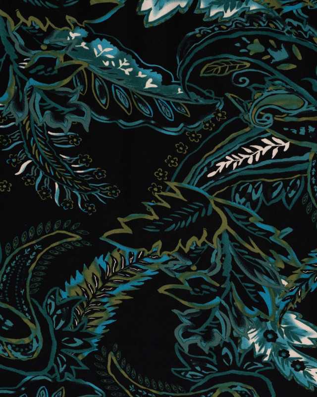 Tissu Viscose Twill Feuillage Turquoise Fond Vert - Mercerine