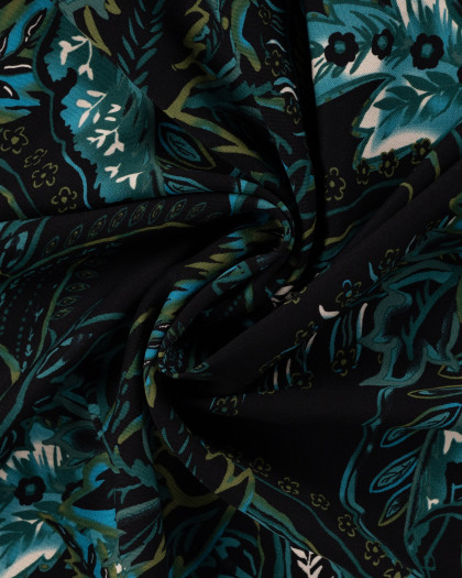 Tissu Viscose Twill Feuillage Turquoise Fond Vert - Mercerine