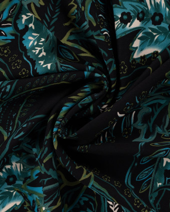 Tissu Viscose Twill Feuillage Turquoise Fond Vert - Mercerine