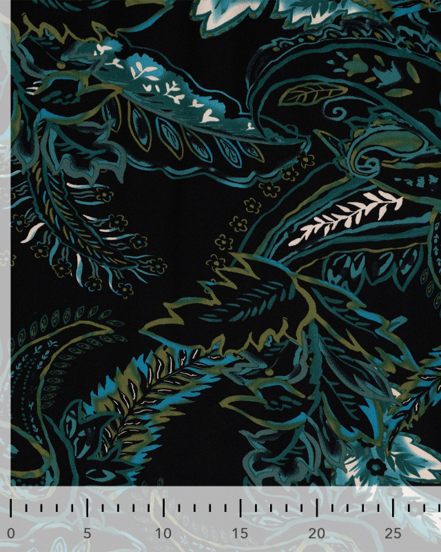 Tissu Viscose Twill Feuillage Turquoise Fond Vert - Mercerine