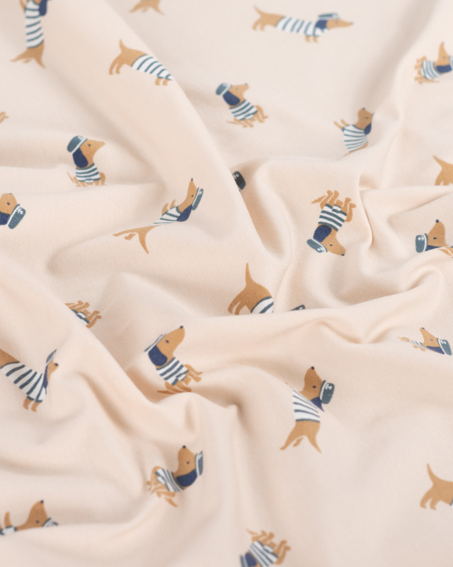 Tissu Jersey Motif Teckel Marin Beige - Mercerine
