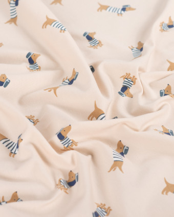 Tissu Jersey Motif Teckel Marin Beige - Mercerine