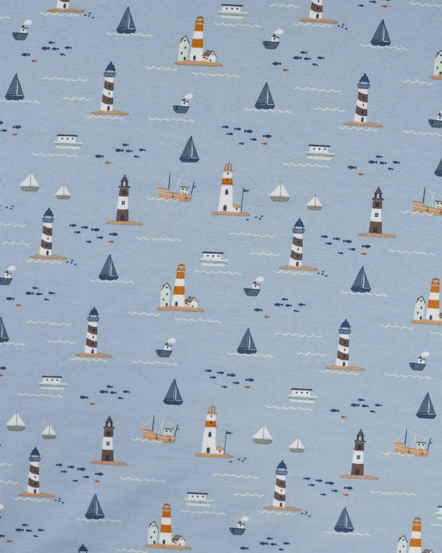 Tissu Jersey Motif Petit Bateau Fond Bleu Clair - Mercerine