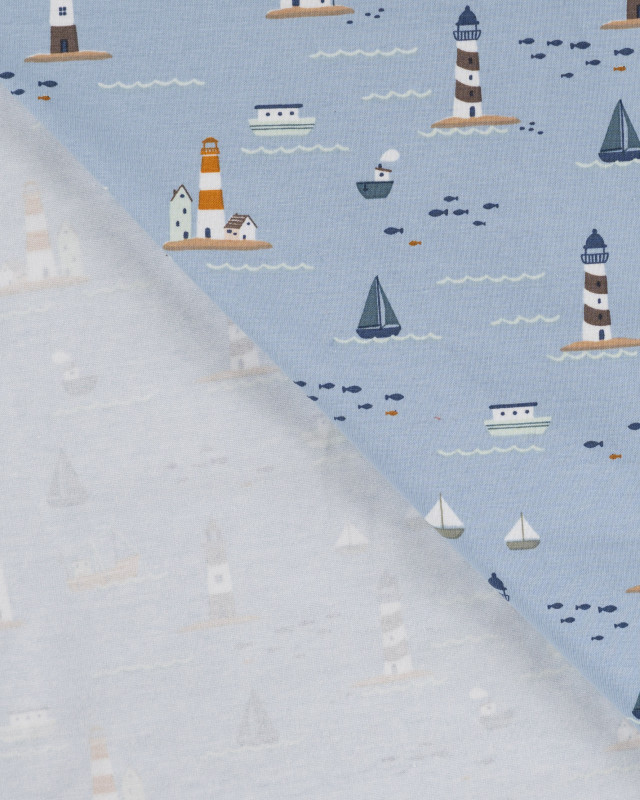 Tissu Jersey Motif Petit Bateau Fond Bleu Clair - Mercerine