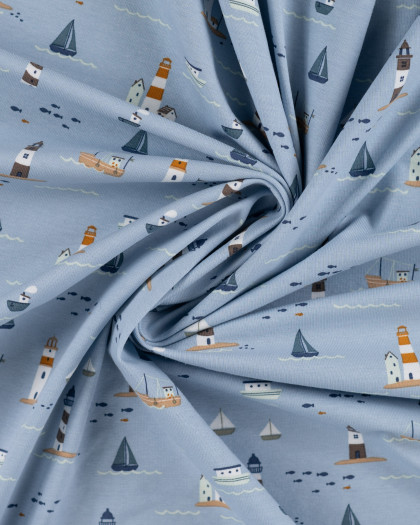 Tissu Jersey Motif Petit Bateau Fond Bleu Clair - Mercerine