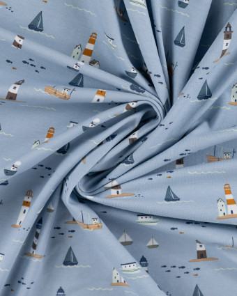 Tissu Jersey Motif Petit Bateau Fond Bleu Clair - Mercerine