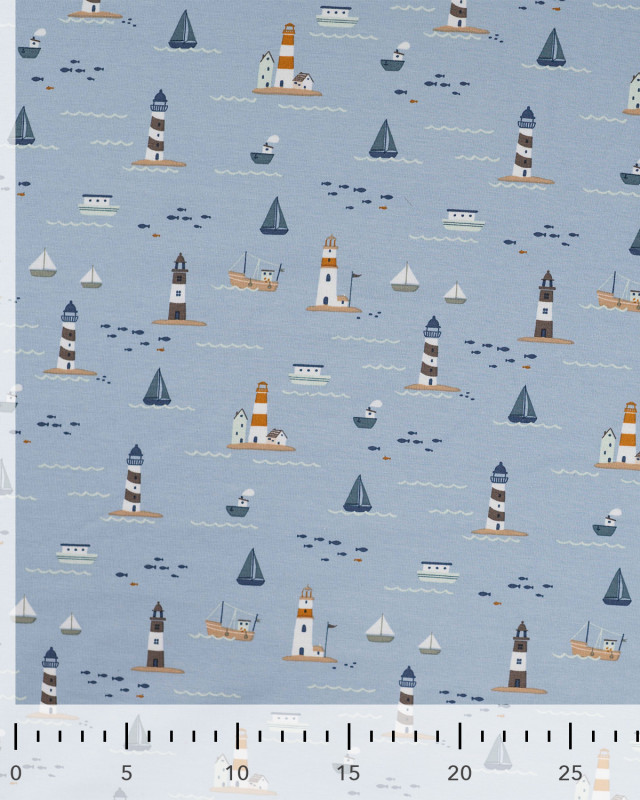 Tissu Jersey Motif Petit Bateau Fond Bleu Clair - Mercerine