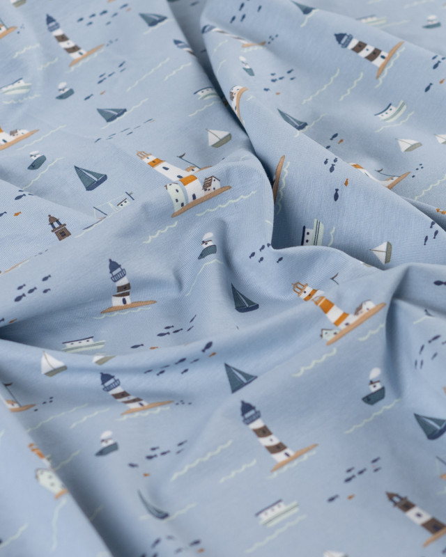 Tissu Jersey Motif Petit Bateau Fond Bleu Clair - Mercerine