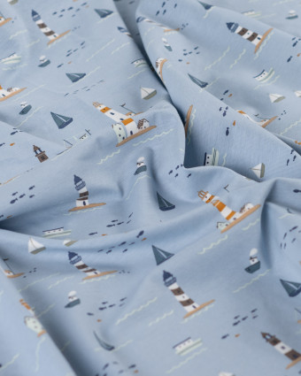 Tissu Jersey Motif Petit Bateau Fond Bleu Clair - Mercerine