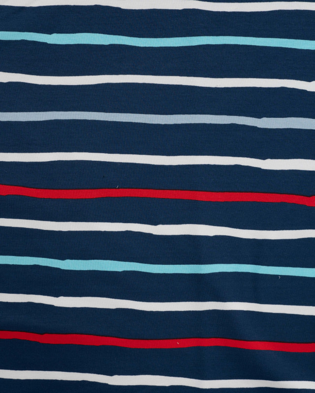 Tissu French Terry à Rayures Rouge Bleu Fond Navy - Mercerine