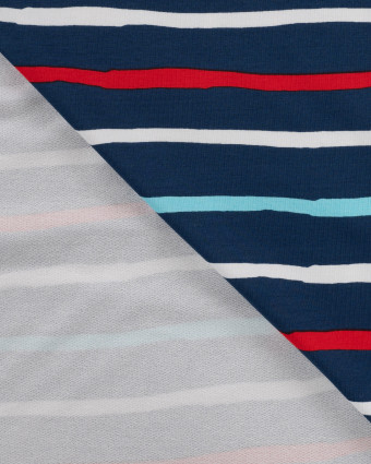 Tissu French Terry à Rayures Rouge Bleu Fond Navy - Mercerine