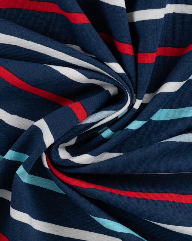 Tissu French Terry à Rayures Rouge Bleu Fond Navy - Mercerine