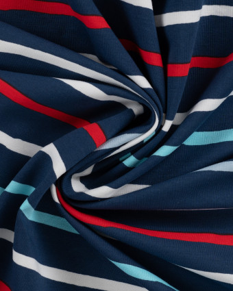 Tissu French Terry à Rayures Rouge Bleu Fond Navy - Mercerine