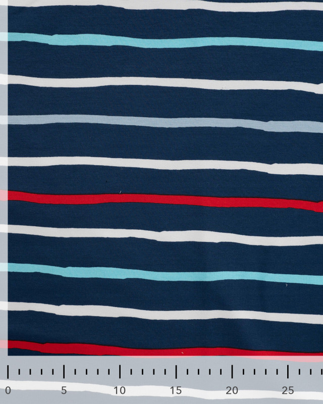 Tissu French Terry à Rayures Rouge Bleu Fond Navy - Mercerine
