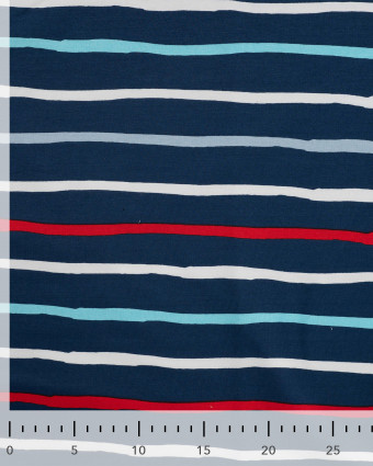 Tissu French Terry à Rayures Rouge Bleu Fond Navy - Mercerine