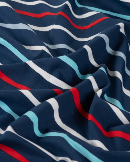 Tissu French Terry à Rayures Rouge Bleu Fond Navy - Mercerine