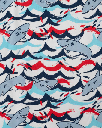 Tissu French Terry Motif Requin Fond Ecru - Mercerine