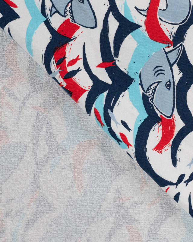 Tissu French Terry Motif Requin Fond Ecru - Mercerine