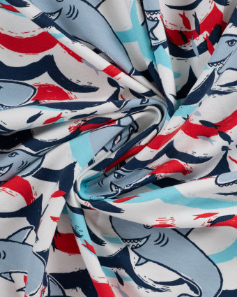 Tissu French Terry Motif Requin Fond Ecru - Mercerine