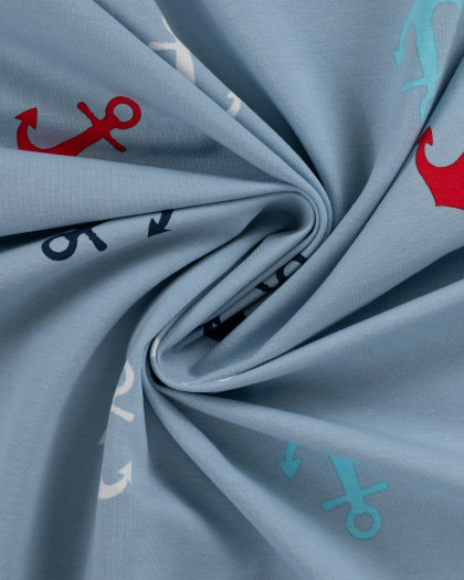 Tissu French Terry Motif Encre Rouge Bleu - Mercerine