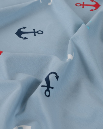 Tissu French Terry Motif Encre Rouge Bleu - Mercerine