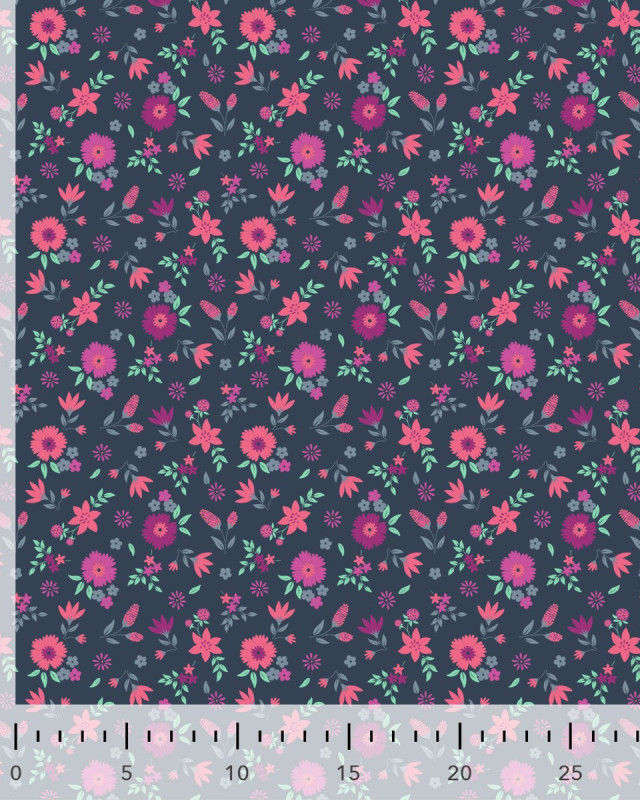 Popeline de Coton Petite Fleur Fond Marine - Mercerine