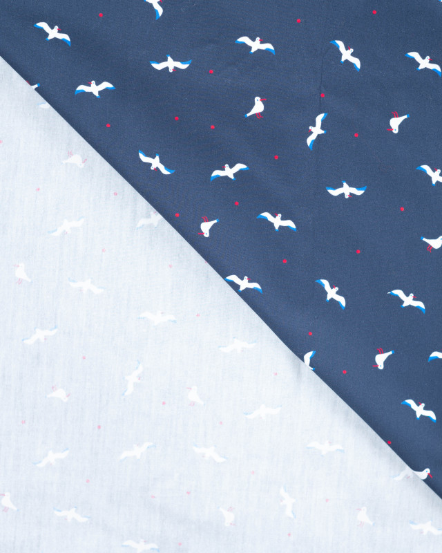 Popeline de Coton Motif Mouette Fond Navy - Mercerine