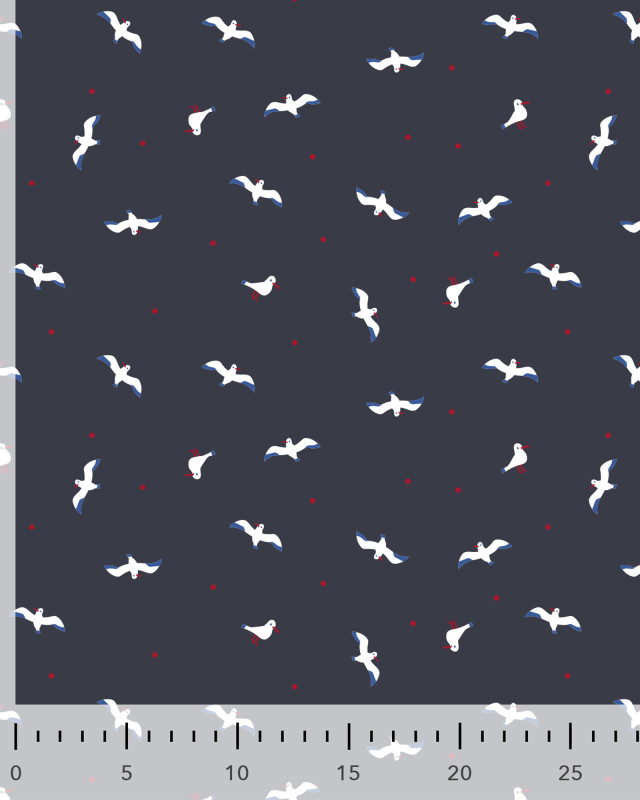 Popeline de Coton Motif Mouette Fond Navy - Mercerine