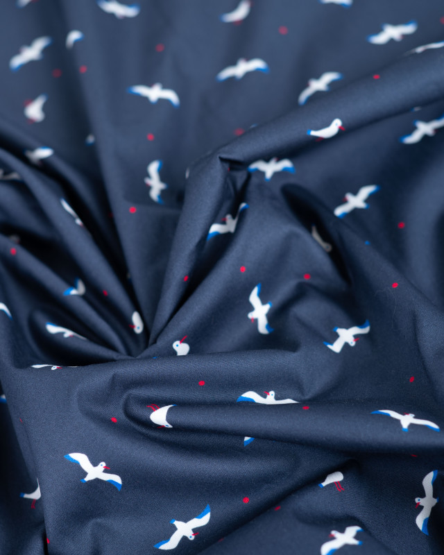 Popeline de Coton Motif Mouette Fond Navy - Mercerine