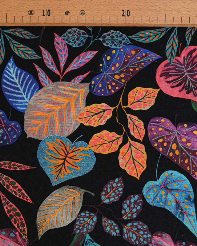 Tissu Canva Feuilles Colorées Fond Noir - Mercerine