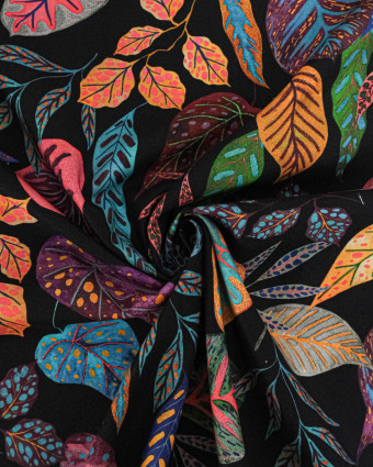 Tissu Canva Feuilles Colorées Fond Noir - Mercerine