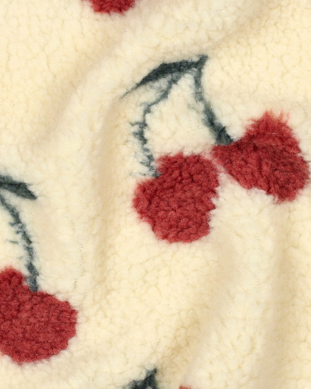 Tissu Sherpa Ecru Motif Cerise - Mercerine