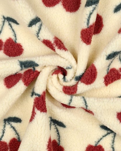 Tissu Sherpa Ecru Motif Cerise - Mercerine
