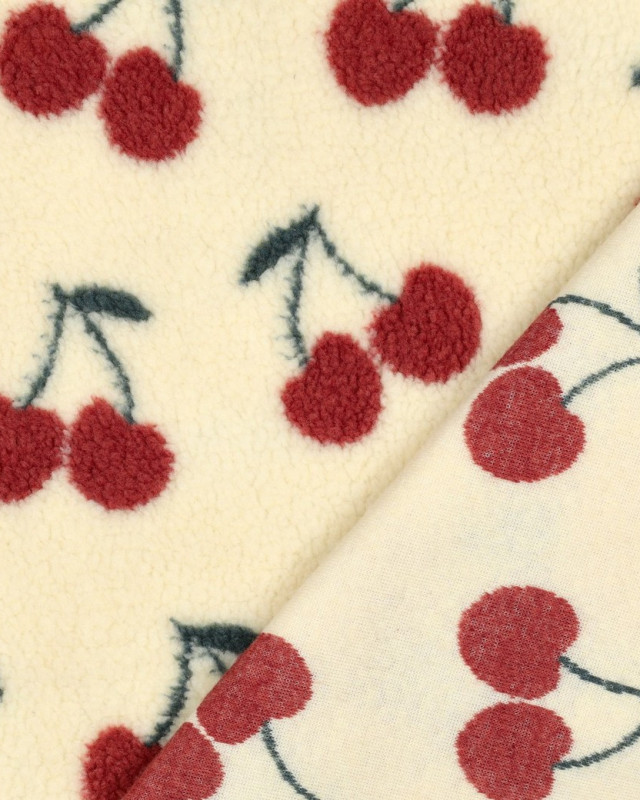 Tissu Sherpa Ecru Motif Cerise - Mercerine