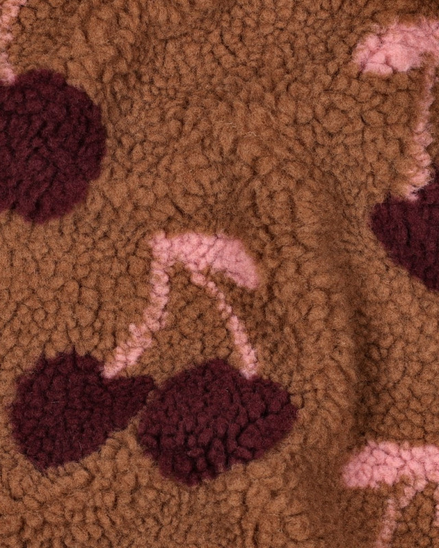 Tissu Sherpa Cacao Motif Cerise - Mercerine