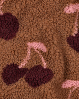Tissu Sherpa Cacao Motif Cerise - Mercerine