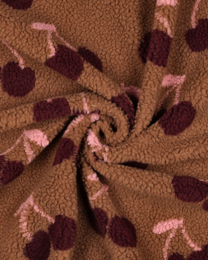 Tissu Sherpa Cacao Motif Cerise - Mercerine