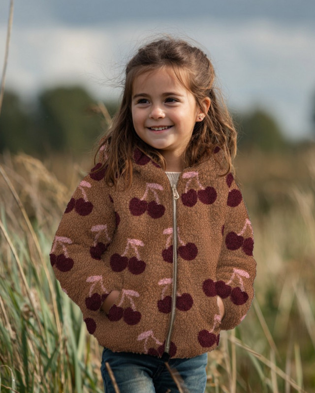 Tissu Sherpa Cacao Motif Cerise - Mercerine