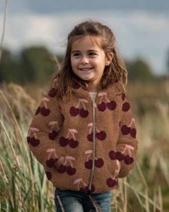 Tissu Sherpa Cacao Motif Cerise - Mercerine