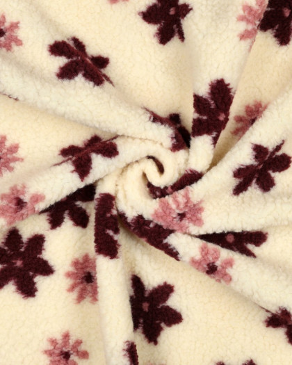 Tissu Sherpa Ecru Motif Fleuri Bordeaux et Rose - Mercerine