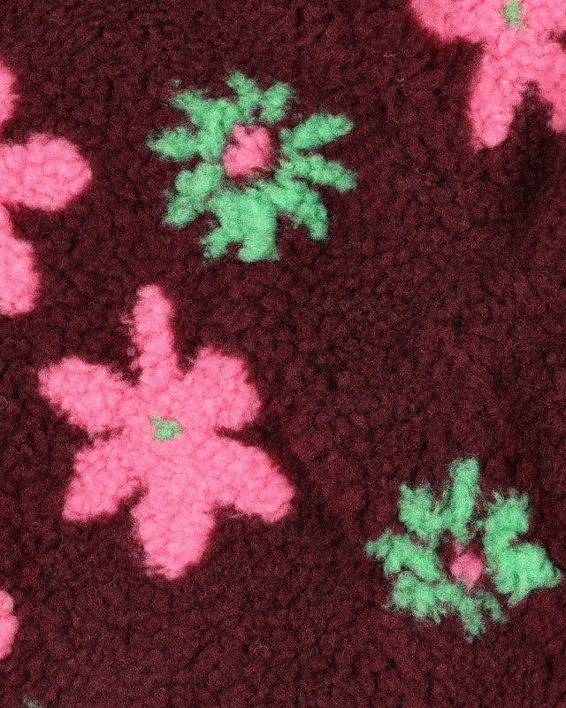 Tissu Sherpa Bordeaux Motif Fleuri Rose et Vert - Mercerine